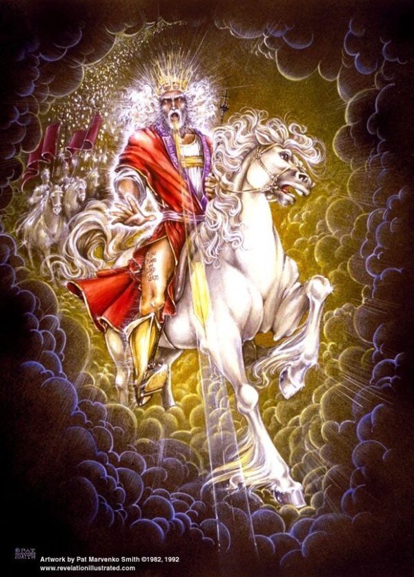 A depiction of Christ on a white horse.