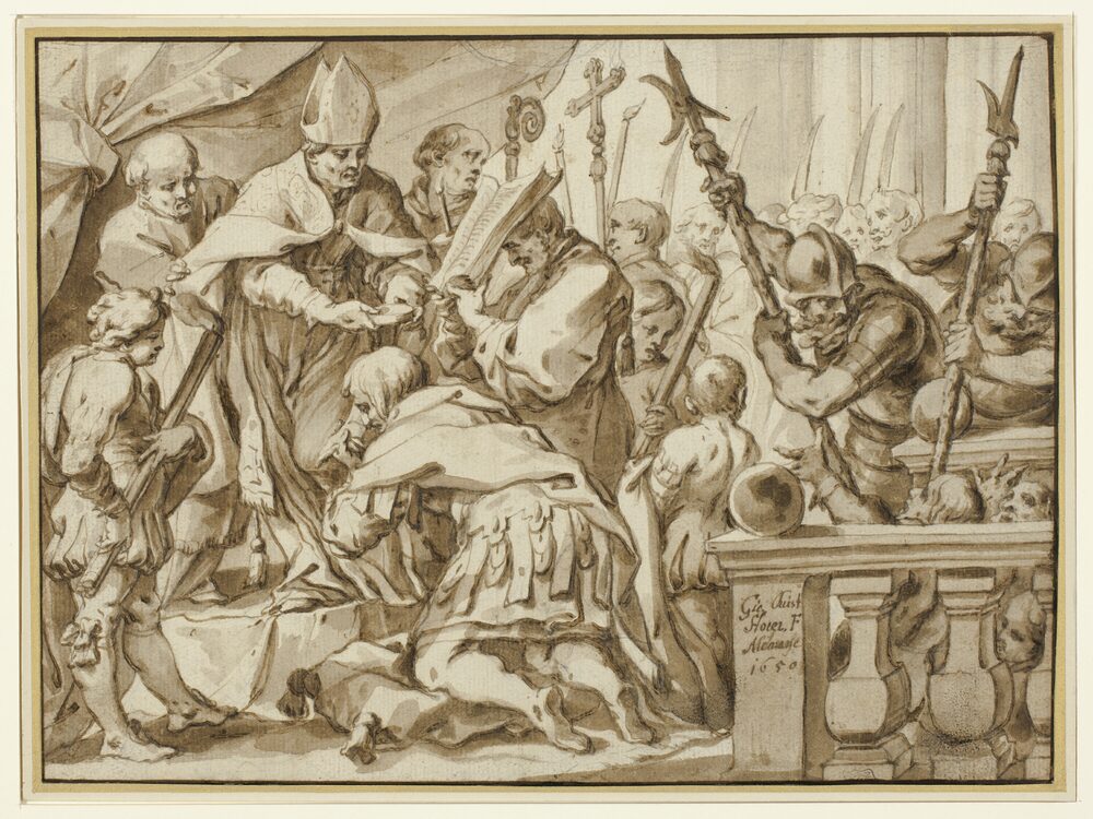 A bishop lays the crown upon the kneeling emperor Otto in a church, soldiers and nobles standing around.