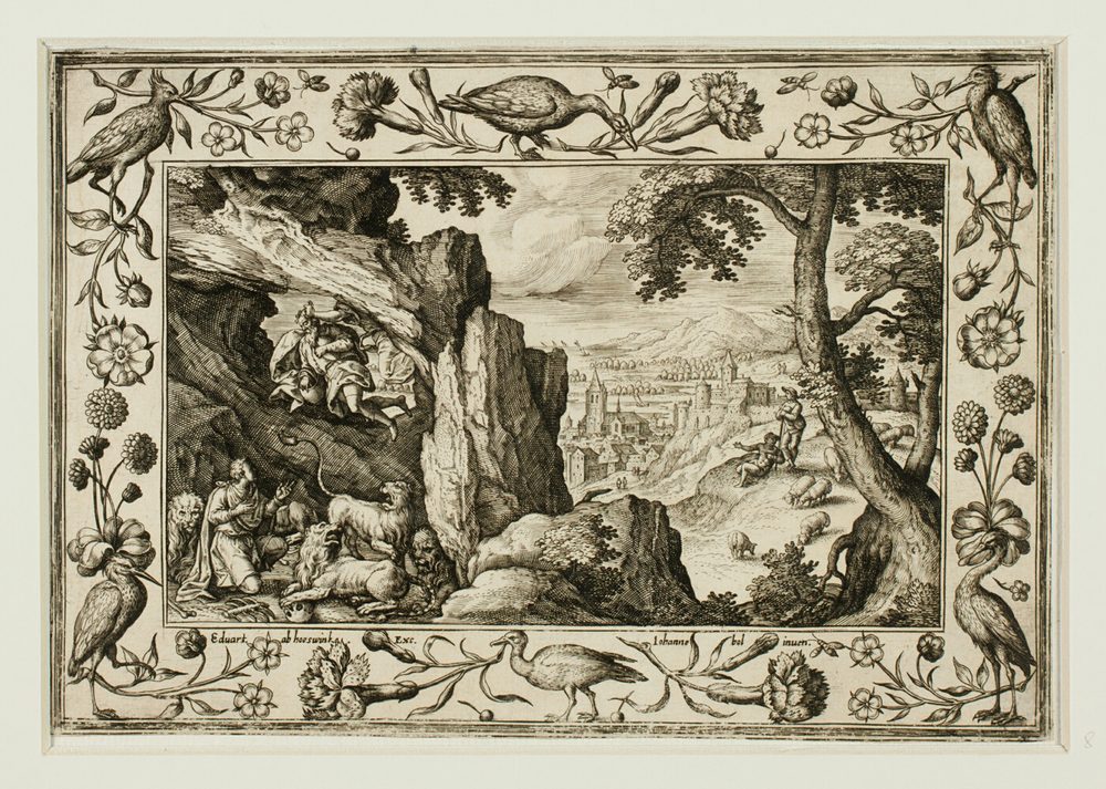 Daniel stands unharmed between two lions in a rocky den, an angel above him.
