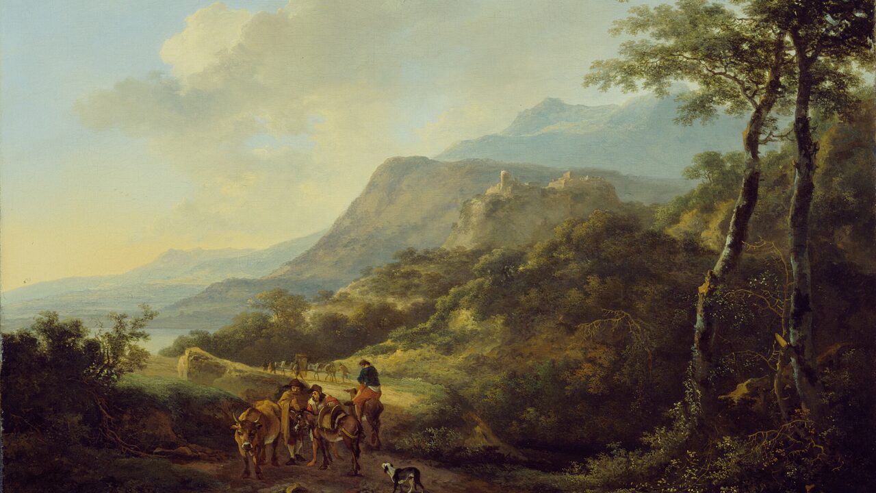A golden Italianate landscape of mountains and hills, with travellers on a road in the foreground.
