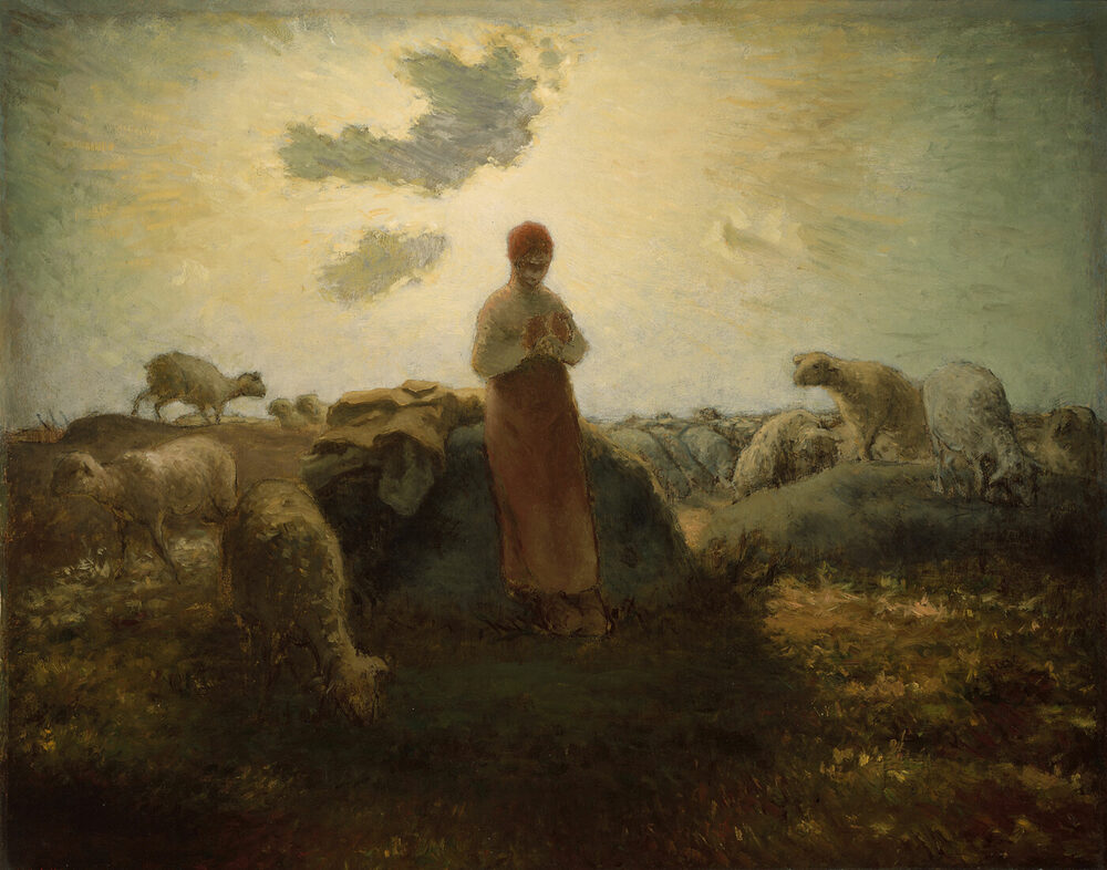 A shepherd stands among her flock on the crest of a hill in early morning light, the sun rising behind her.