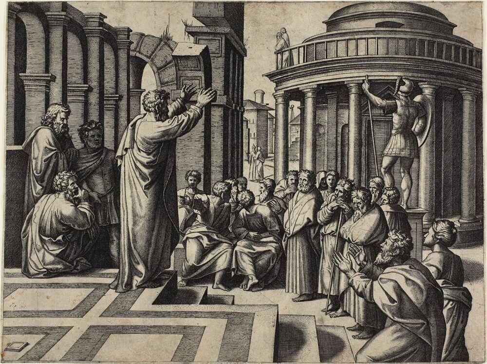 Saint Paul, with both arms raised, preaches to a seated company of philosophers before a domed temple, while a book lies discarded on the pavement.