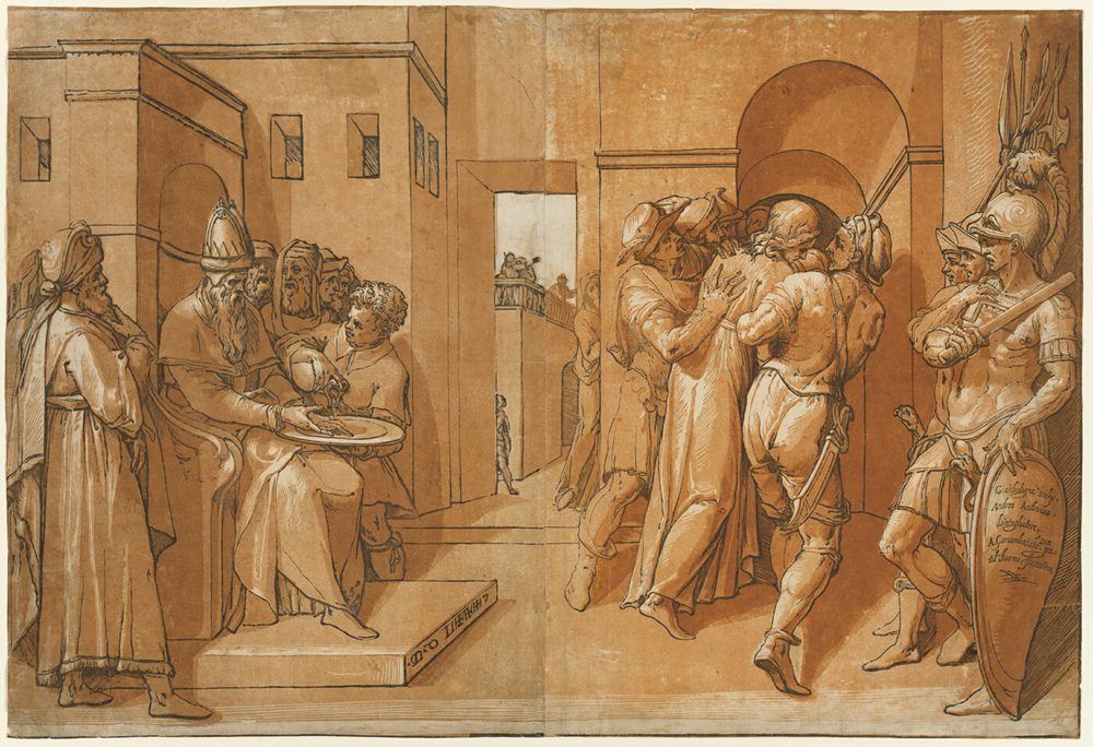 Pilate washes his hands before the crowd as a soldier leads Jesus away.