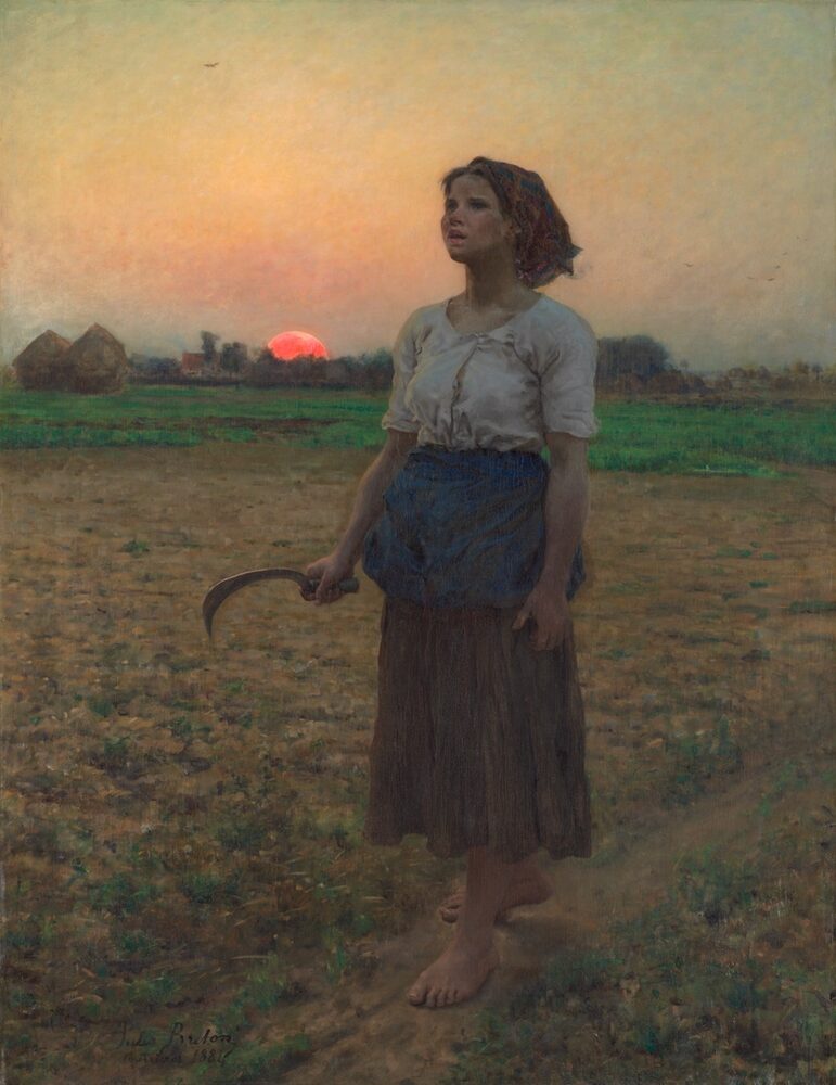 A peasant woman stands in a field at sunrise, a sickle in her hand, her face turned to the dawn.