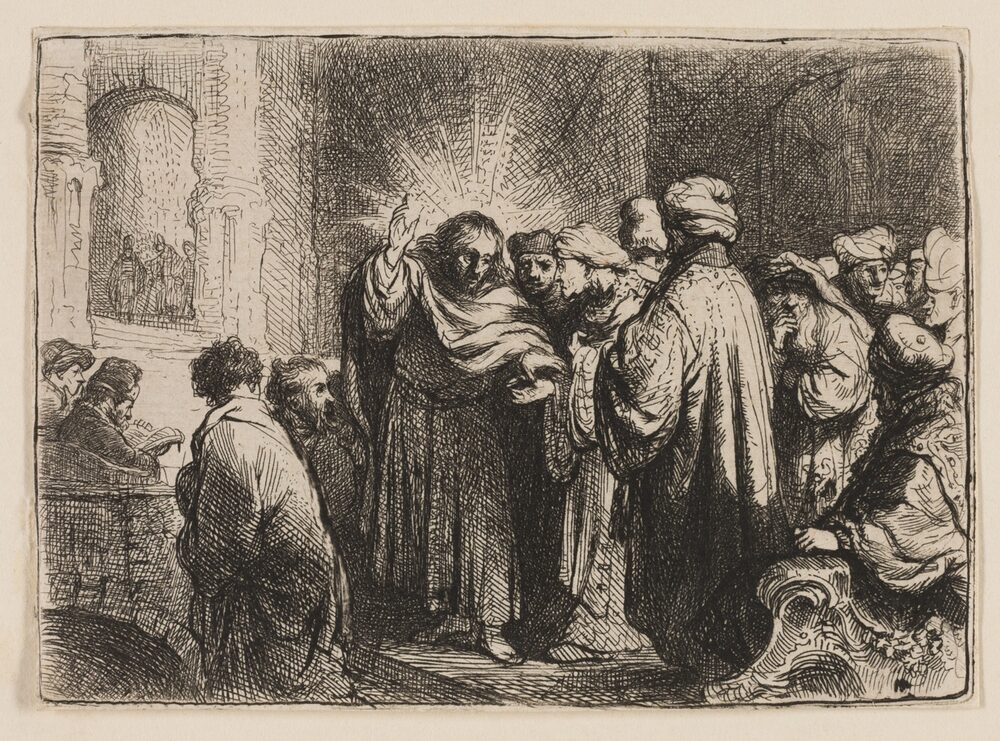 Christ, radiant with light, holds out a small coin before a group of questioning men gathered around him.