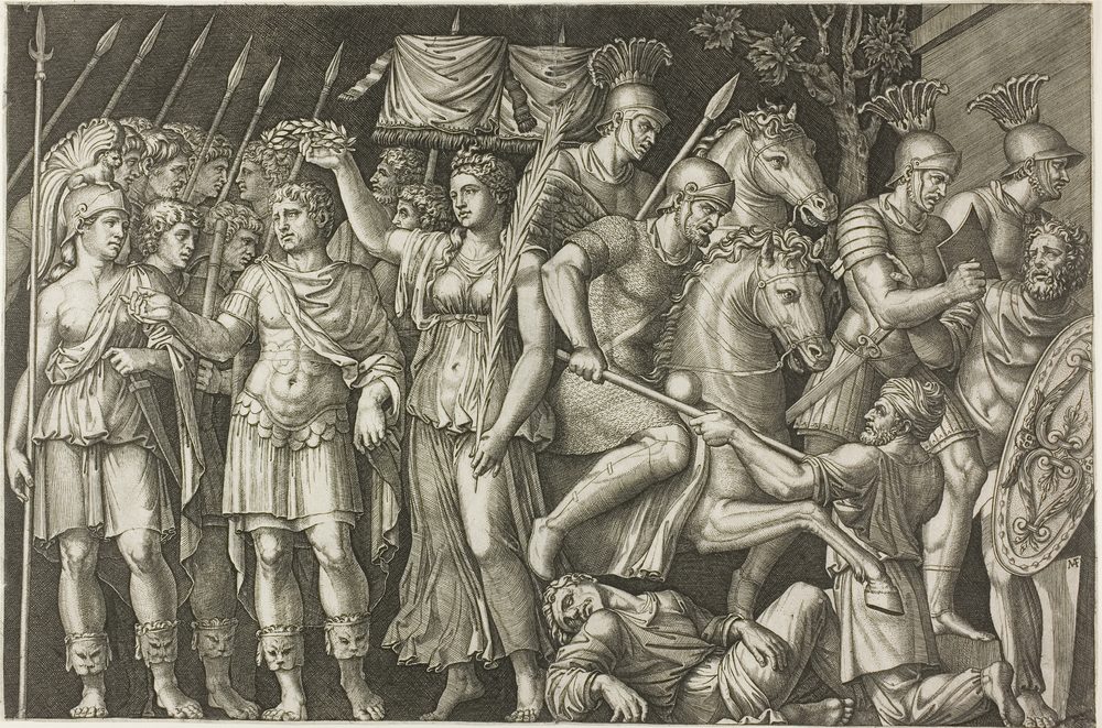 A Roman emperor in armour stands among his soldiers as a winged figure holds a laurel wreath above his head.